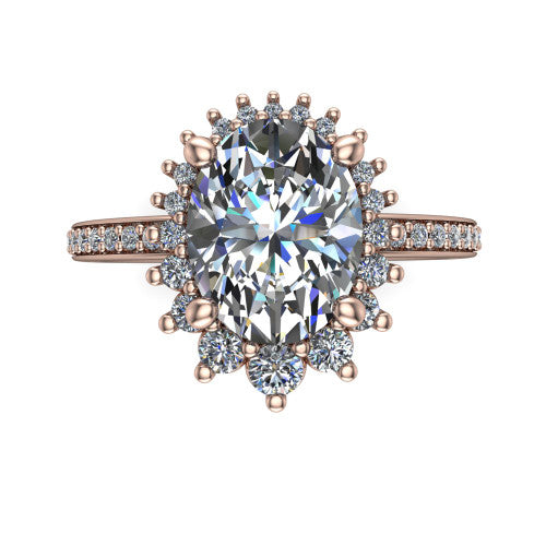 Persephone oval halo engagement ring in 14K Rose Gold, top-down view showing the center diamond ringed by a snowflake halo of round and pear accent diamonds