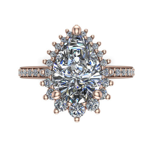 Persephone pear halo engagement ring in 18K Rose Gold, top-down view showing the center diamond ringed by a snowflake halo of round and pear accent diamonds