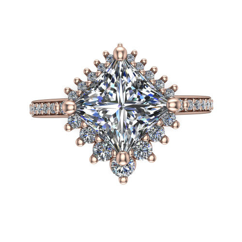 Persephone princess halo engagement ring in 14K Rose Gold, top-down view showing the center diamond ringed by a snowflake halo of round and pear accent diamonds
