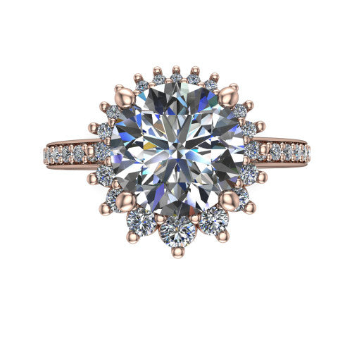 Persephone round halo engagement ring in 18K Rose Gold, top-down view showing the center diamond ringed by a snowflake halo of round and pear accent diamonds