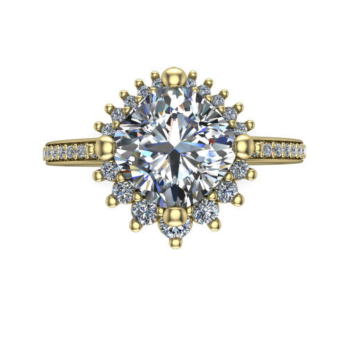 Persephone cushion halo engagement ring in 14K Yellow Gold, top-down view showing the center diamond ringed by a snowflake halo of round and pear accent diamonds