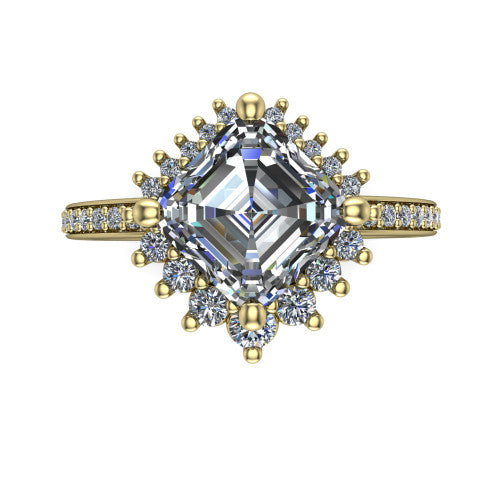 Persephone asscher halo engagement ring in 18K Yellow Gold, top-down view showing the center diamond ringed by a snowflake halo of round and pear accent diamonds