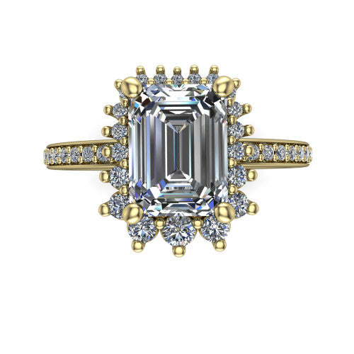 Persephone emerald halo engagement ring in 14K Yellow Gold, top-down view showing the center diamond ringed by a snowflake halo of round and pear accent diamonds