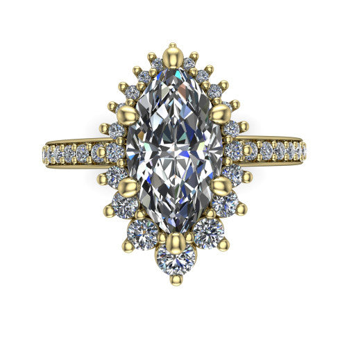 Persephone marquise halo engagement ring in 14K Yellow Gold, top-down view showing the center diamond ringed by a snowflake halo of round and pear accent diamonds