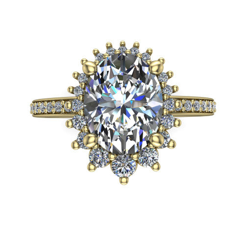 Persephone oval halo engagement ring in 18K Yellow Gold, top-down view showing the center diamond ringed by a snowflake halo of round and pear accent diamonds
