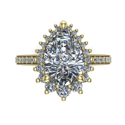 Persephone pear halo engagement ring in 14K Yellow Gold, top-down view showing the center diamond ringed by a snowflake halo of round and pear accent diamonds