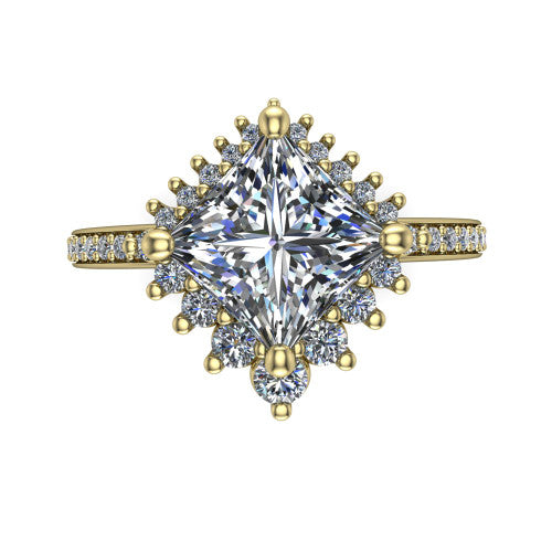 Persephone princess halo engagement ring in 14K Yellow Gold, top-down view showing the center diamond ringed by a snowflake halo of round and pear accent diamonds