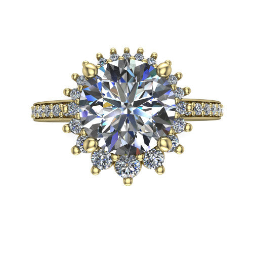 Persephone round halo engagement ring in 18K Yellow Gold, top-down view showing the center diamond ringed by a snowflake halo of round and pear accent diamonds