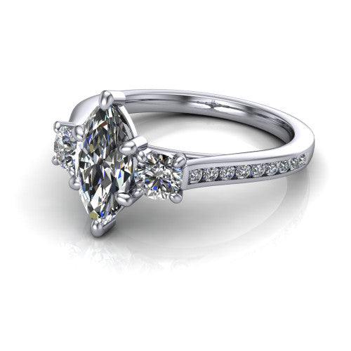 Saoirse marquise three stone engagement ring in 14K White Gold, three-quarter perspective showing the center diamond between two round side stones above a pav&eacute; shank