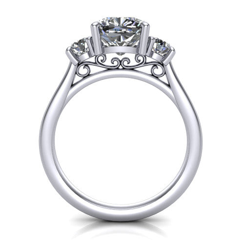 Saoirse cushion three stone engagement ring in 14K White Gold, through-finger front profile showing the three-stone head raised above the filigree gallery and pav&eacute; band