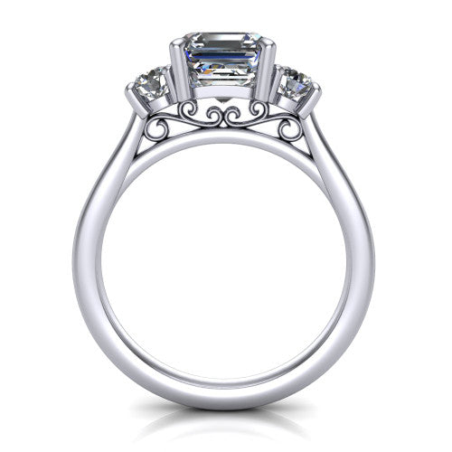 Saoirse asscher three stone engagement ring in Platinum, through-finger front profile showing the three-stone head raised above the filigree gallery and pav&eacute; band