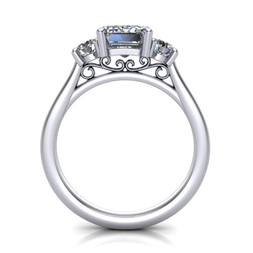 Saoirse emerald three stone engagement ring in 18K White Gold, through-finger front profile showing the three-stone head raised above the filigree gallery and pav&eacute; band