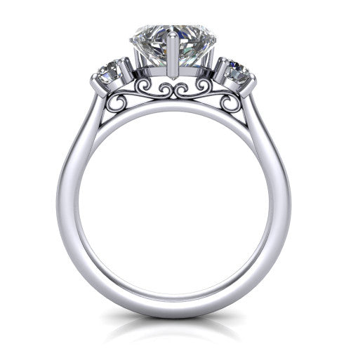 Saoirse heart three stone engagement ring in 14K White Gold, through-finger front profile showing the three-stone head raised above the filigree gallery and pav&eacute; band