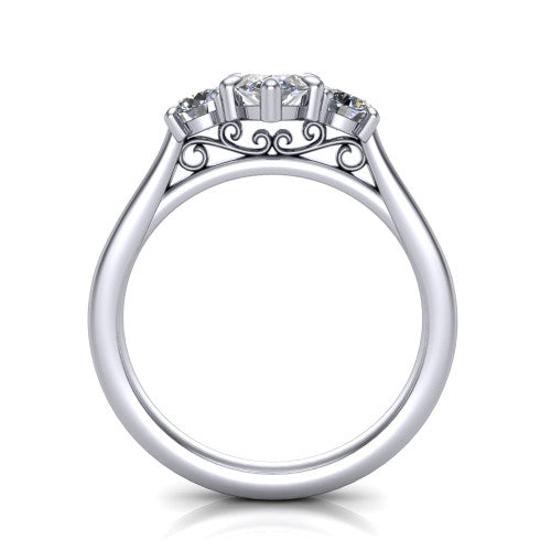 Saoirse marquise three stone engagement ring in Platinum, through-finger front profile showing the three-stone head raised above the filigree gallery and pav&eacute; band