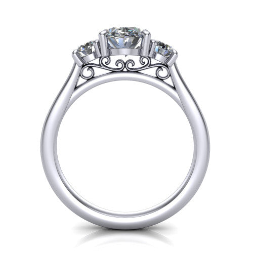 Saoirse oval three stone engagement ring in Platinum, through-finger front profile showing the three-stone head raised above the filigree gallery and pav&eacute; band