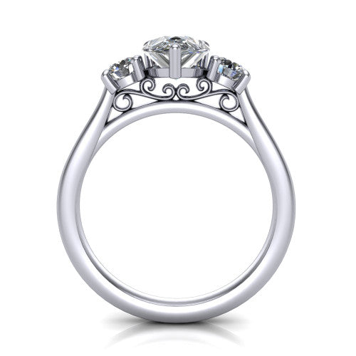 Saoirse pear three stone engagement ring in Platinum, through-finger front profile showing the three-stone head raised above the filigree gallery and pav&eacute; band