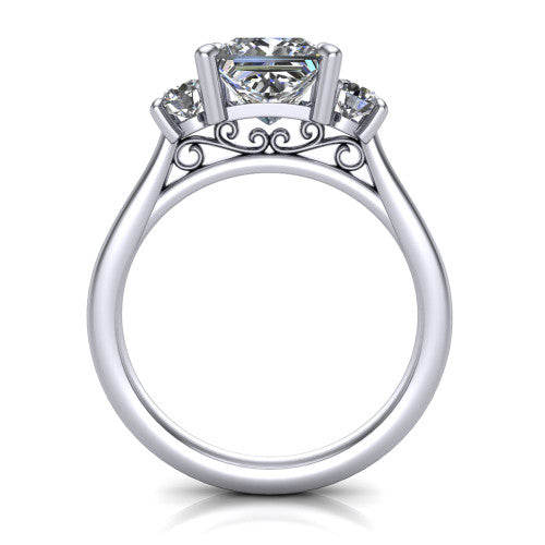 Saoirse princess three stone engagement ring in 18K White Gold, through-finger front profile showing the three-stone head raised above the filigree gallery and pav&eacute; band