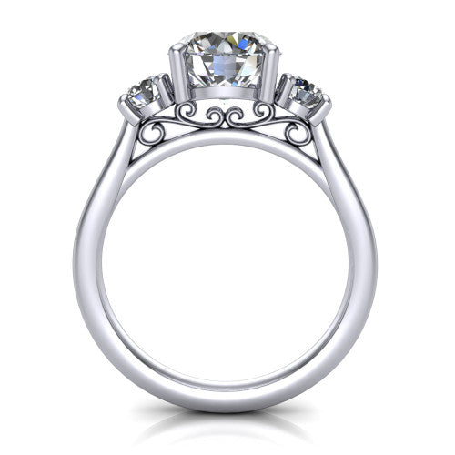 Saoirse round three stone engagement ring in Platinum, through-finger front profile showing the three-stone head raised above the filigree gallery and pav&eacute; band