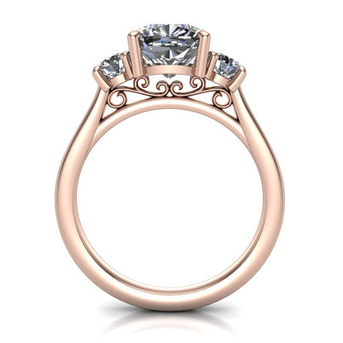 Saoirse cushion three stone engagement ring in 18K Rose Gold, through-finger front profile showing the three-stone head raised above the filigree gallery and pav&eacute; band