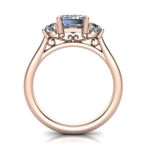 Saoirse emerald three stone engagement ring in 18K Rose Gold, through-finger front profile showing the three-stone head raised above the filigree gallery and pav&eacute; band