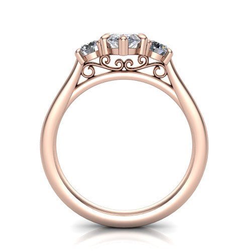 Saoirse marquise three stone engagement ring in 18K Rose Gold, through-finger front profile showing the three-stone head raised above the filigree gallery and pav&eacute; band