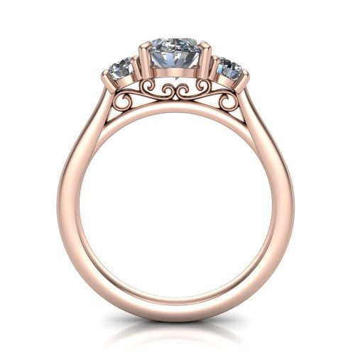Saoirse oval three stone engagement ring in 18K Rose Gold, through-finger front profile showing the three-stone head raised above the filigree gallery and pav&eacute; band
