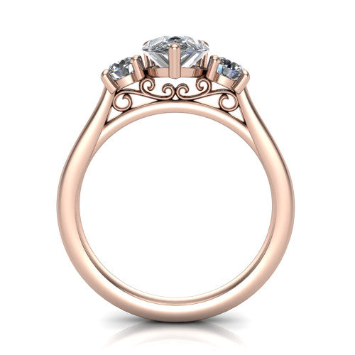 Saoirse pear three stone engagement ring in 18K Rose Gold, through-finger front profile showing the three-stone head raised above the filigree gallery and pav&eacute; band