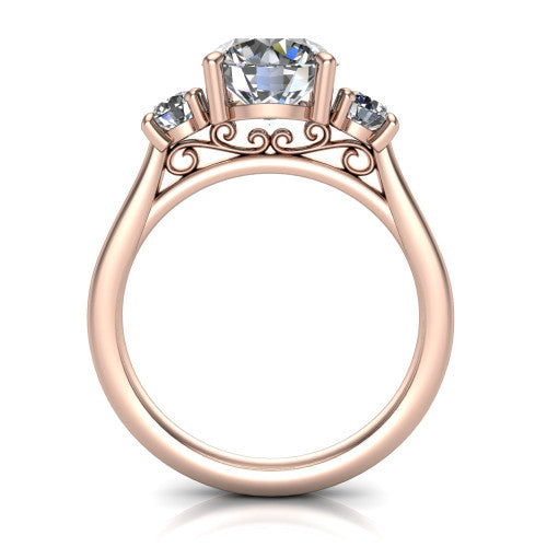 Saoirse round three stone engagement ring in 18K Rose Gold, through-finger front profile showing the three-stone head raised above the filigree gallery and pav&eacute; band
