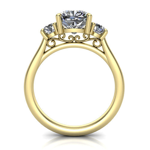 Saoirse cushion three stone engagement ring in 14K Yellow Gold, through-finger front profile showing the three-stone head raised above the filigree gallery and pav&eacute; band