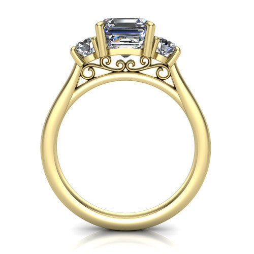 Saoirse asscher three stone engagement ring in 14K Yellow Gold, through-finger front profile showing the three-stone head raised above the filigree gallery and pav&eacute; band
