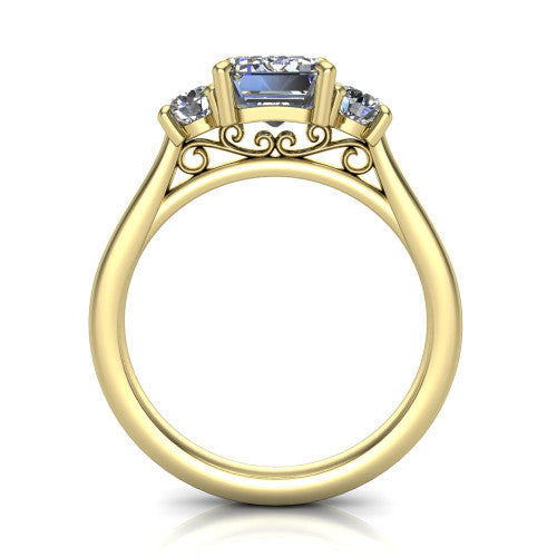 Saoirse emerald three stone engagement ring in 18K Yellow Gold, through-finger front profile showing the three-stone head raised above the filigree gallery and pav&eacute; band