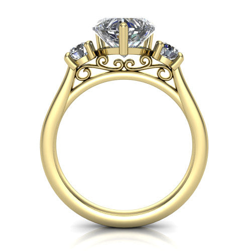 Saoirse heart three stone engagement ring in 18K Yellow Gold, through-finger front profile showing the three-stone head raised above the filigree gallery and pav&eacute; band