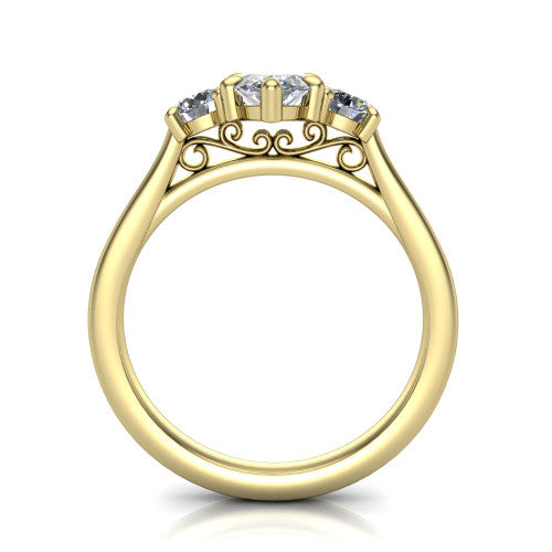 Saoirse marquise three stone engagement ring in 14K Yellow Gold, through-finger front profile showing the three-stone head raised above the filigree gallery and pav&eacute; band