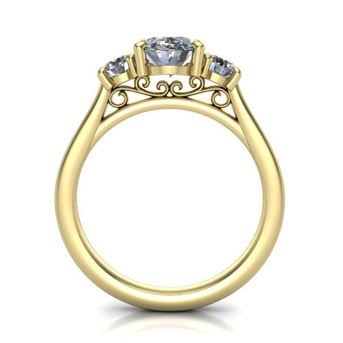 Saoirse oval three stone engagement ring in 18K Yellow Gold, through-finger front profile showing the three-stone head raised above the filigree gallery and pav&eacute; band
