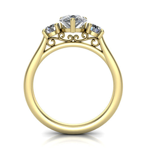 Saoirse pear three stone engagement ring in 18K Yellow Gold, through-finger front profile showing the three-stone head raised above the filigree gallery and pav&eacute; band