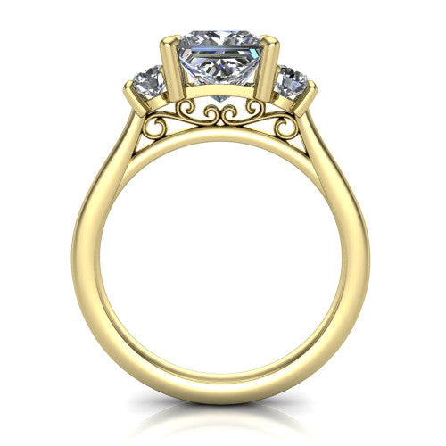 Saoirse princess three stone engagement ring in 14K Yellow Gold, through-finger front profile showing the three-stone head raised above the filigree gallery and pav&eacute; band