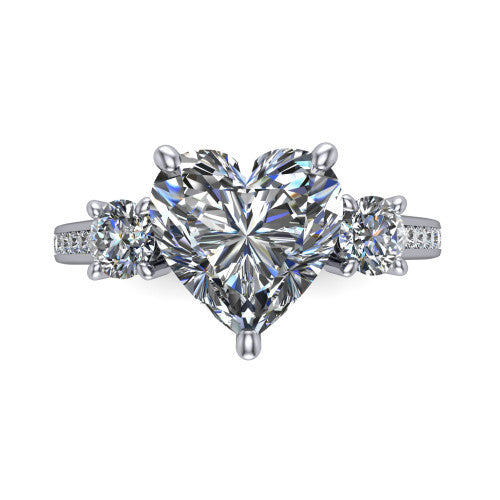 Saoirse heart three stone engagement ring in 14K White Gold, top-down view showing the center diamond flanked by two round side stones in a three stone setting