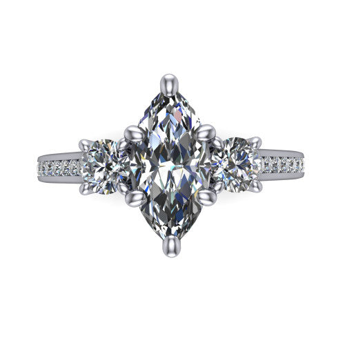 Saoirse marquise three stone engagement ring in 14K White Gold, top-down view showing the center diamond flanked by two round side stones in a three stone setting