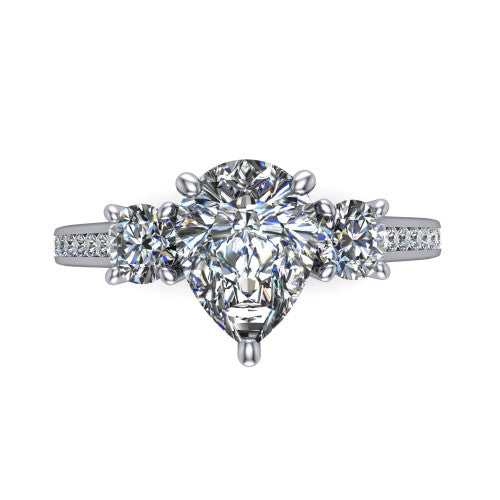 Saoirse pear three stone engagement ring in 14K White Gold, top-down view showing the center diamond flanked by two round side stones in a three stone setting