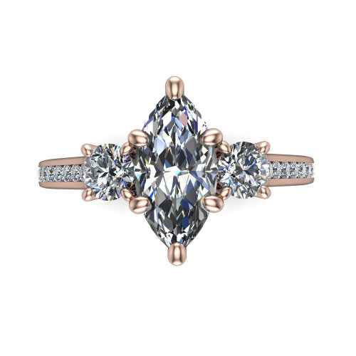 Saoirse marquise three stone engagement ring in 14K Rose Gold, top-down view showing the center diamond flanked by two round side stones in a three stone setting