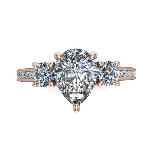 Saoirse pear three stone engagement ring in 14K Rose Gold, top-down view showing the center diamond flanked by two round side stones in a three stone setting