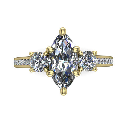 Saoirse marquise three stone engagement ring in 14K Yellow Gold, top-down view showing the center diamond flanked by two round side stones in a three stone setting
