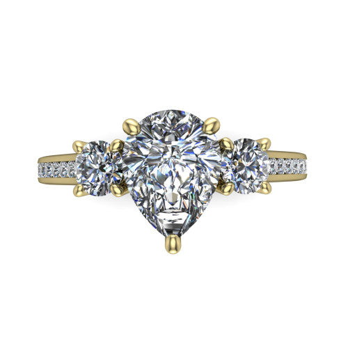 Saoirse pear three stone engagement ring in 14K Yellow Gold, top-down view showing the center diamond flanked by two round side stones in a three stone setting
