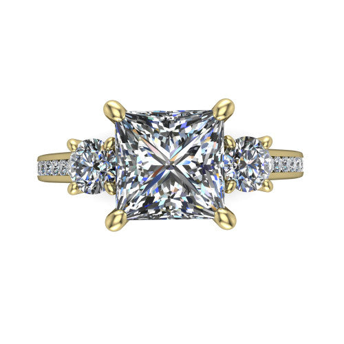 Saoirse princess three stone engagement ring in 14K Yellow Gold, top-down view showing the center diamond flanked by two round side stones in a three stone setting
