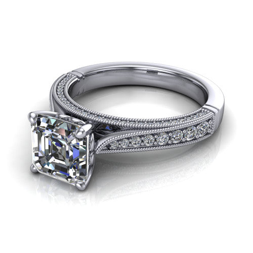 Maeve asscher classic engagement ring in 14K White Gold, three-quarter perspective showing the solitaire center diamond raised above a milgrain-edged pav&eacute; shank