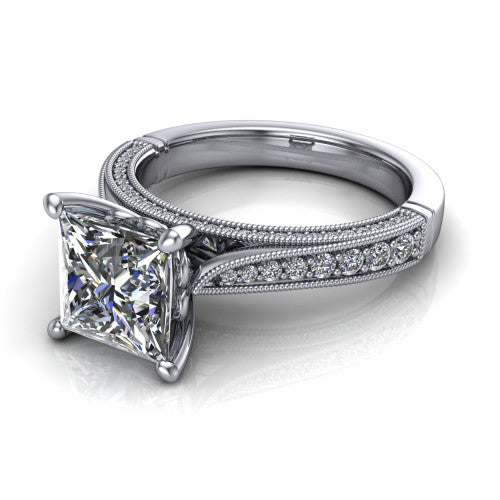 Maeve princess classic engagement ring in 14K White Gold, three-quarter perspective showing the solitaire center diamond raised above a milgrain-edged pav&eacute; shank