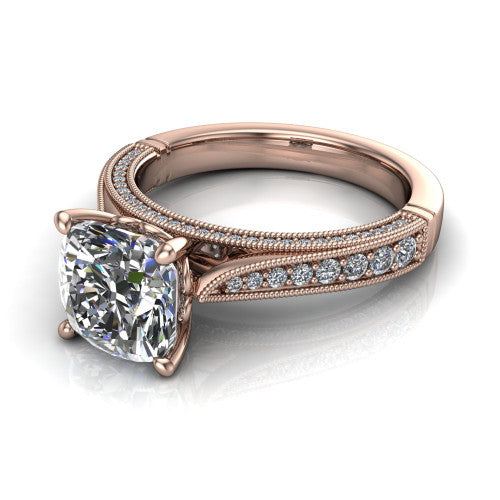 Maeve cushion classic engagement ring in 14K Rose Gold, three-quarter perspective showing the solitaire center diamond raised above a milgrain-edged pav&eacute; shank