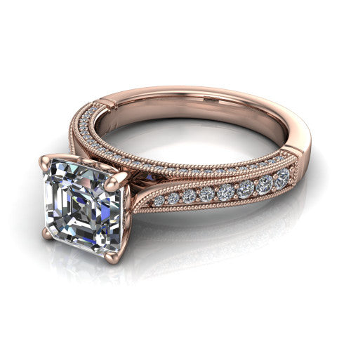 Maeve asscher classic engagement ring in 18K Rose Gold, three-quarter perspective showing the solitaire center diamond raised above a milgrain-edged pav&eacute; shank