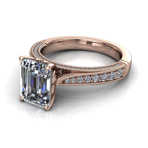 Maeve emerald classic engagement ring in 14K Rose Gold, three-quarter perspective showing the solitaire center diamond raised above a milgrain-edged pav&eacute; shank