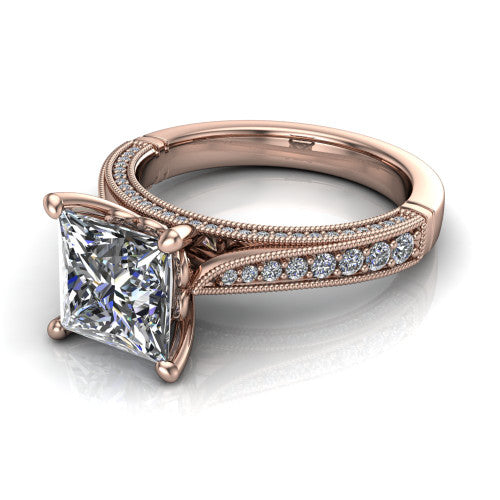 Maeve princess classic engagement ring in 14K Rose Gold, three-quarter perspective showing the solitaire center diamond raised above a milgrain-edged pav&eacute; shank